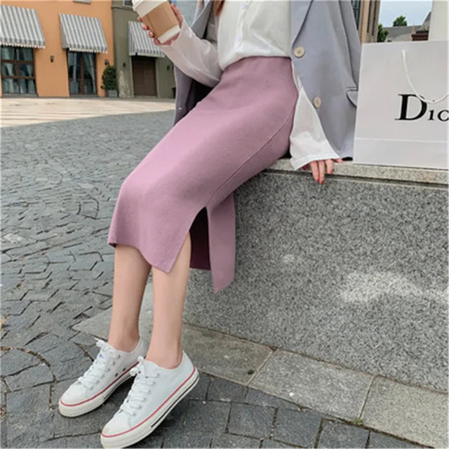 Korean Style Beige Black Green Purple Tube Skirt Women's Knit Straight Skirt With Slit High Waist Long Pencil Skirt Womens
