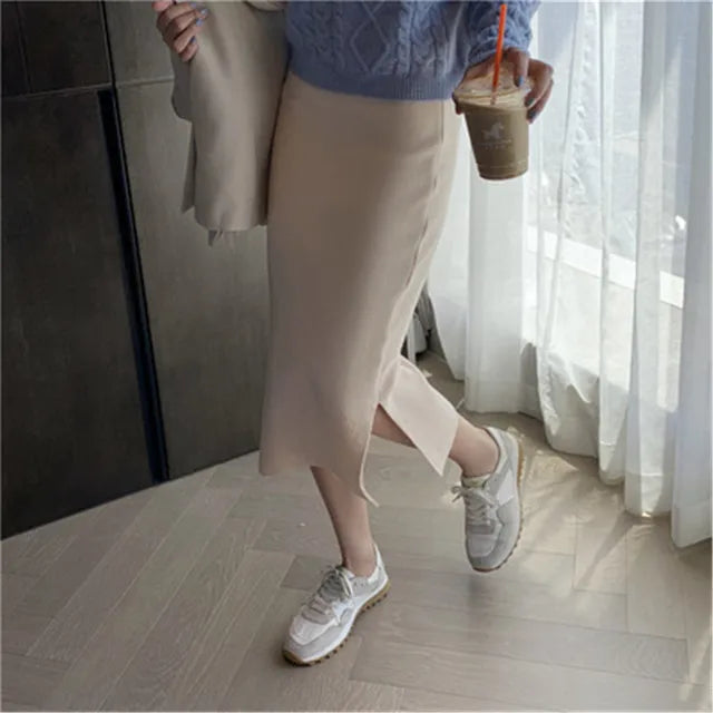 Korean Style Beige Black Green Purple Tube Skirt Women's Knit Straight Skirt With Slit High Waist Long Pencil Skirt Womens