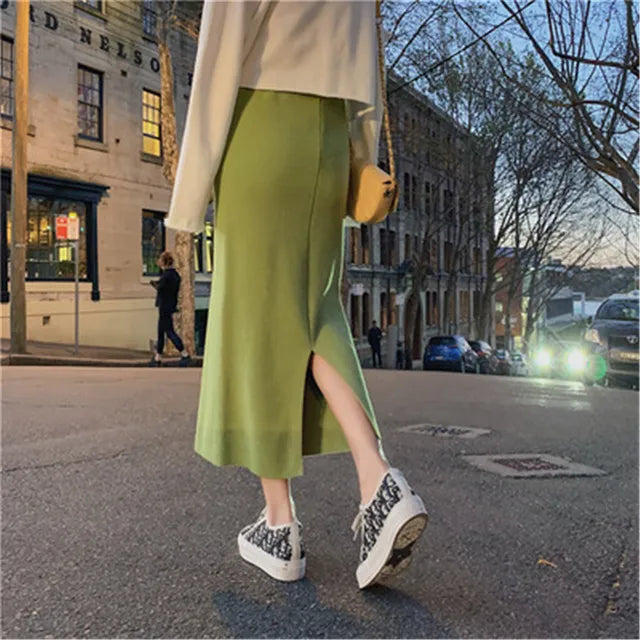 Korean Style Beige Black Green Purple Tube Skirt Women's Knit Straight Skirt With Slit High Waist Long Pencil Skirt Womens
