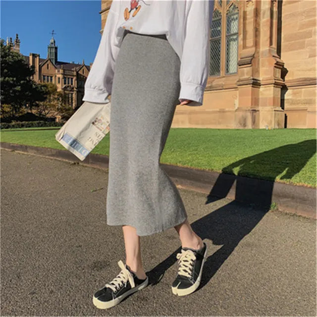 Korean Style Beige Black Green Purple Tube Skirt Women's Knit Straight Skirt With Slit High Waist Long Pencil Skirt Womens