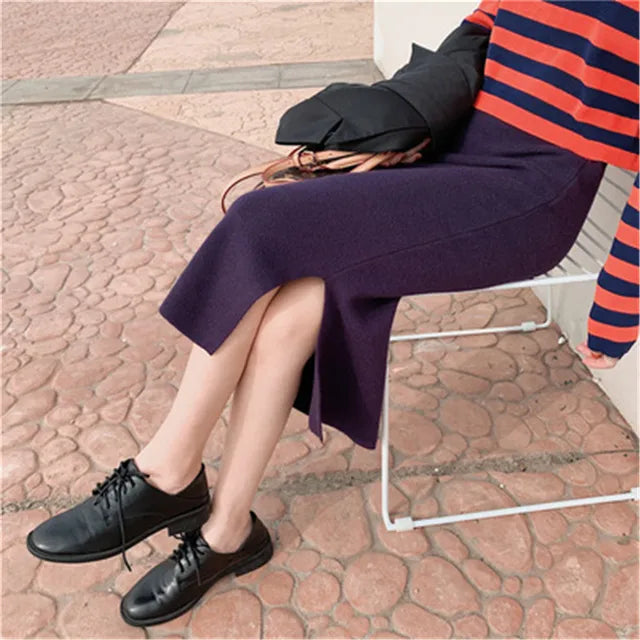 Korean Style Beige Black Green Purple Tube Skirt Women's Knit Straight Skirt With Slit High Waist Long Pencil Skirt Womens