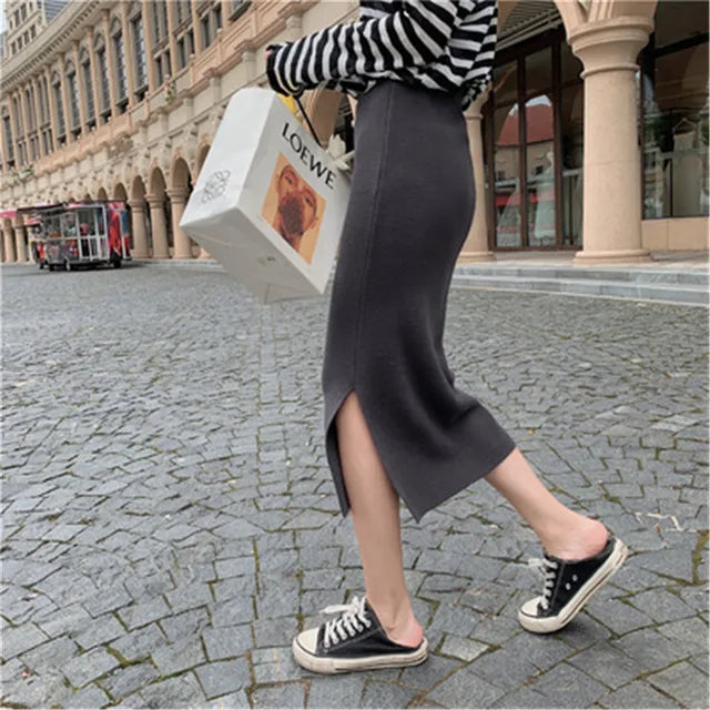 Korean Style Beige Black Green Purple Tube Skirt Women's Knit Straight Skirt With Slit High Waist Long Pencil Skirt Womens