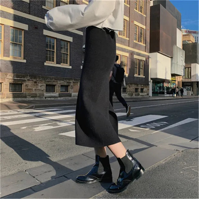 Korean Style Beige Black Green Purple Tube Skirt Women's Knit Straight Skirt With Slit High Waist Long Pencil Skirt Womens