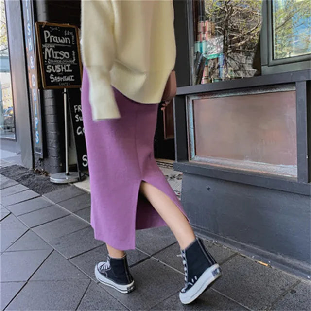 Korean Style Beige Black Green Purple Tube Skirt Women's Knit Straight Skirt With Slit High Waist Long Pencil Skirt Womens
