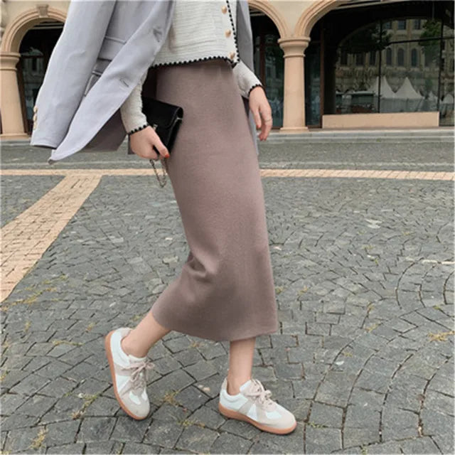 Korean Style Beige Black Green Purple Tube Skirt Women's Knit Straight Skirt With Slit High Waist Long Pencil Skirt Womens