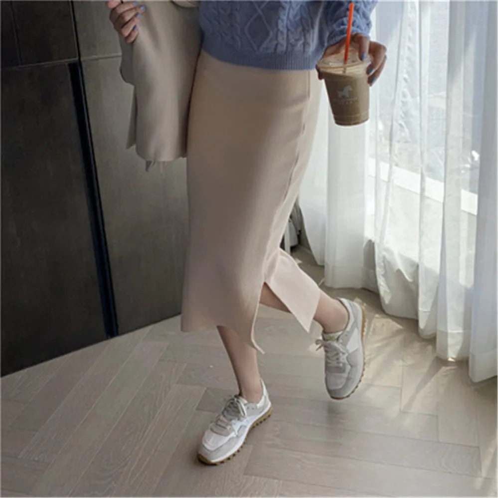 Korean Style Beige Black Green Purple Tube Skirt Women's Knit Straight Skirt With Slit High Waist Long Pencil Skirt Womens
