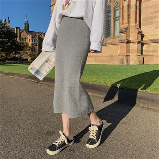 Korean Style Beige Black Green Purple Tube Skirt Women's Knit Straight Skirt With Slit High Waist Long Pencil Skirt Womens