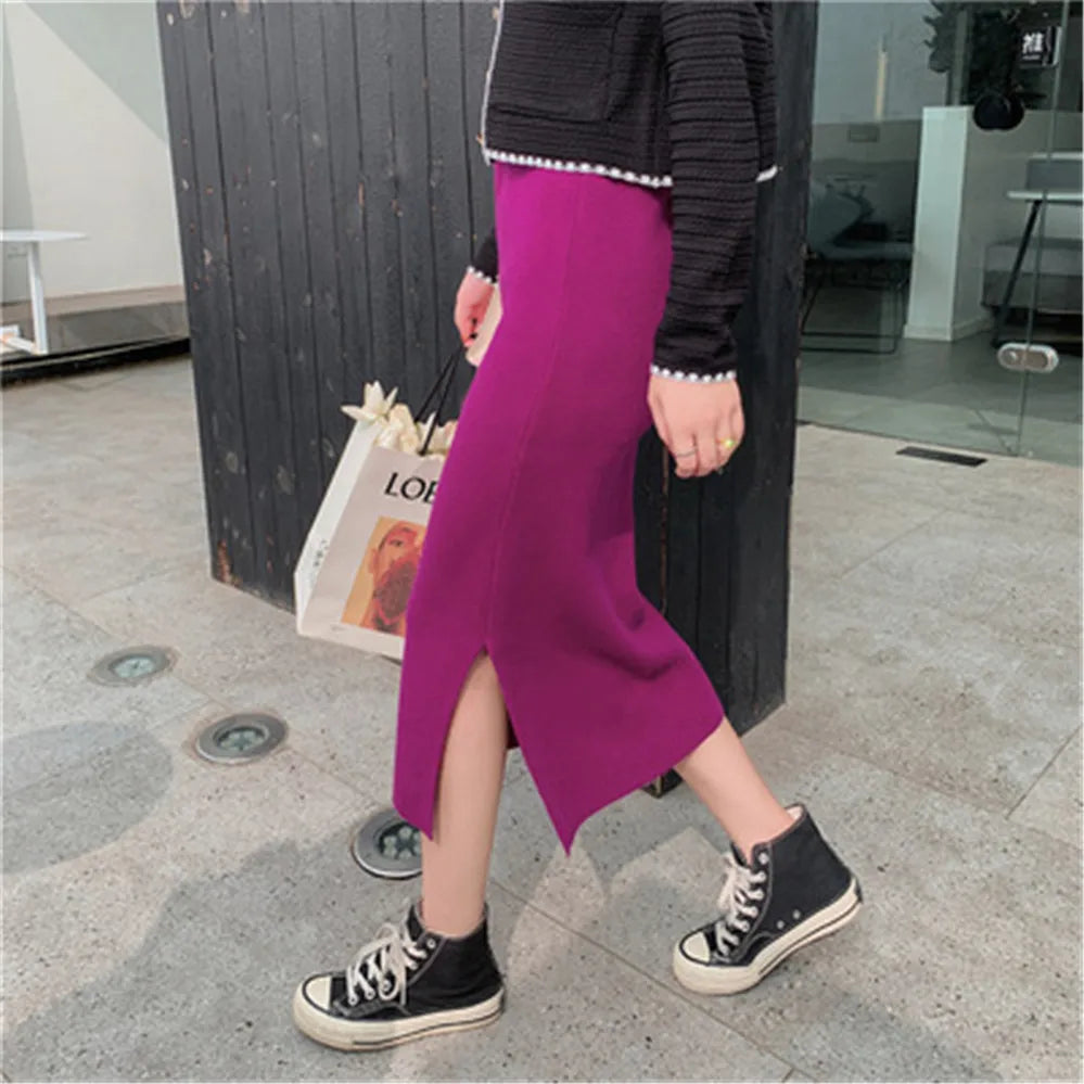 Korean Style Beige Black Green Purple Tube Skirt Women's Knit Straight Skirt With Slit High Waist Long Pencil Skirt Womens