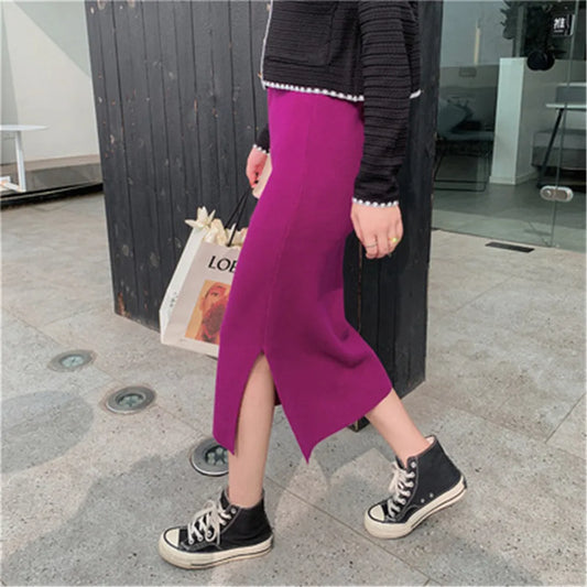 Korean Style Beige Black Green Purple Tube Skirt Women's Knit Straight Skirt With Slit High Waist Long Pencil Skirt Womens