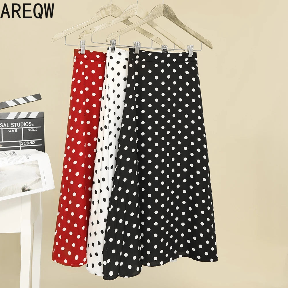 New Women High Waist Polka Dots Skirt Elegant Midi Length Skirts Wrap Dots Chiffon Skirt Korean Fashion