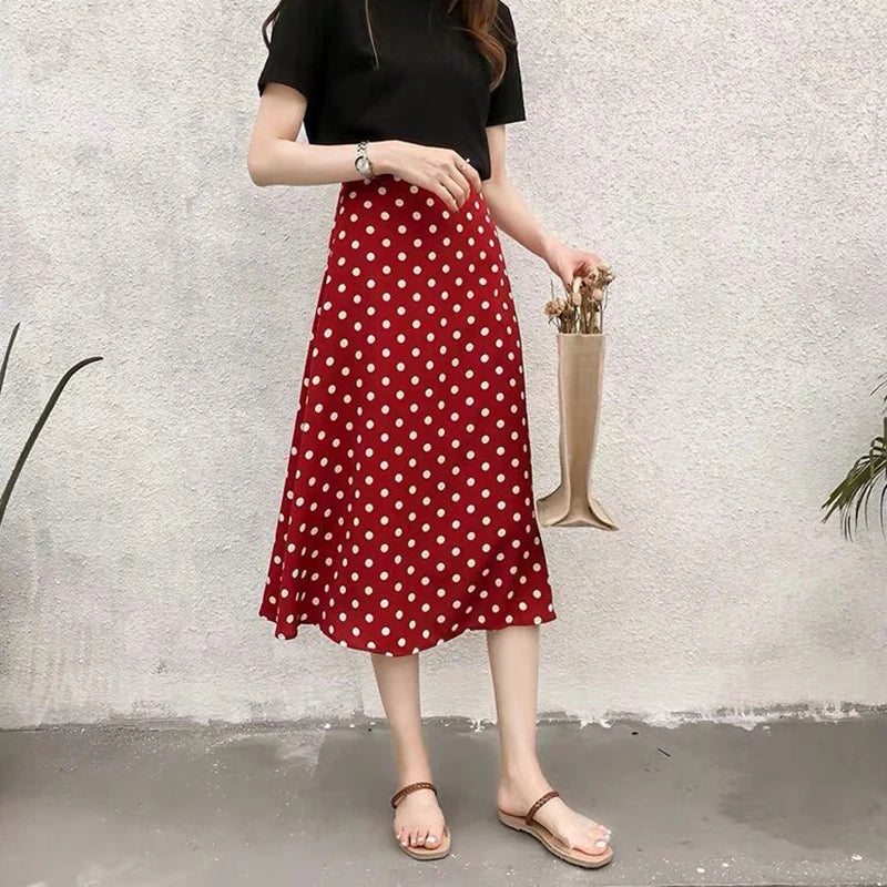 New Women High Waist Polka Dots Skirt Elegant Midi Length Skirts Wrap Dots Chiffon Skirt Korean Fashion